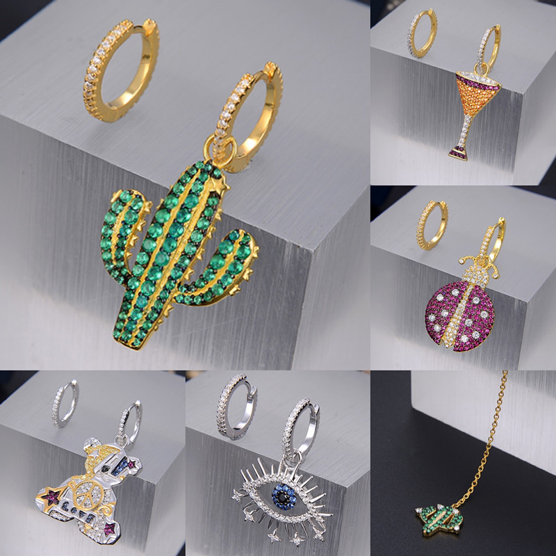 

Fashion 925 jewelry Asymmetry hoop earrings for women cubic zircon studs cactus earring woman 2020 Female A-gift jewelry