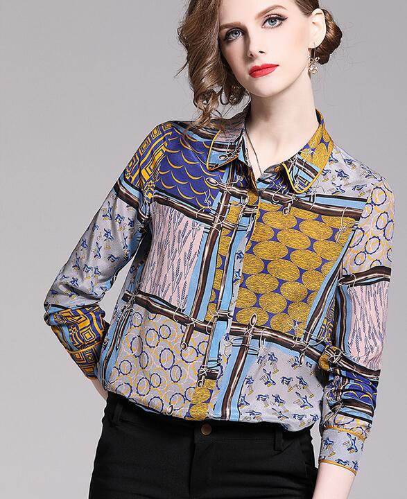 

2019 New arrival vintage printed grey women blouses beauitful ladies shirts fashion printed top, Multi