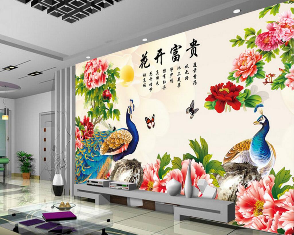 

WDBH 3d wallpaper custom photo Peony flower open peacock tv background living room home decor 3d wall murals wallpaper for walls 3 d, Non-woven