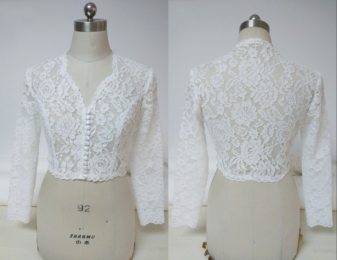 

2021 Sexy V neck Wedding Bridal Jackets Bolero with Button Lace 3/4 Long Sleeves Wedding Wrap For Wedding Dress Gowns Plus size, Gold