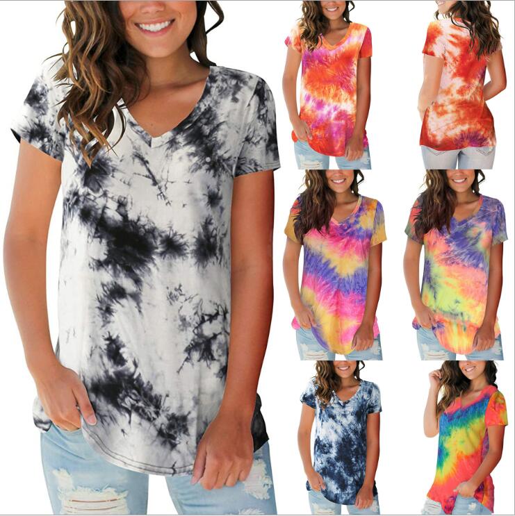 

T-shirts Tie-dyed V-neck Tops Summer Street Tees Female Fashion Short Sleeve Shirts Casual Harajuku Blusas Women Designer Clothing B7513, Remark your colors