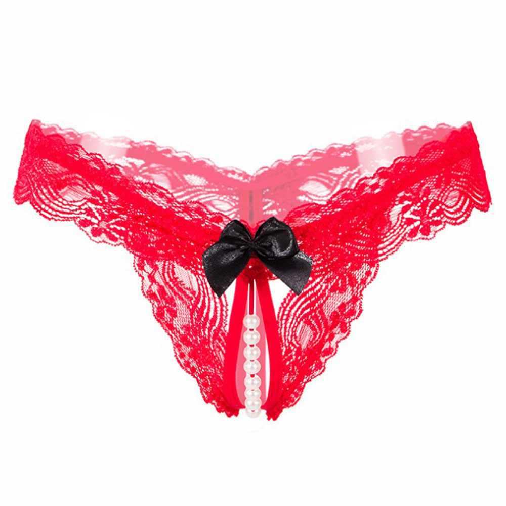 

Hot Sexy Open Crotch Thongs G-String Lingerie Women Sexy Crotchless Panties Bowknot Pearls Lace Underwear Nightwear G-string, As shown below