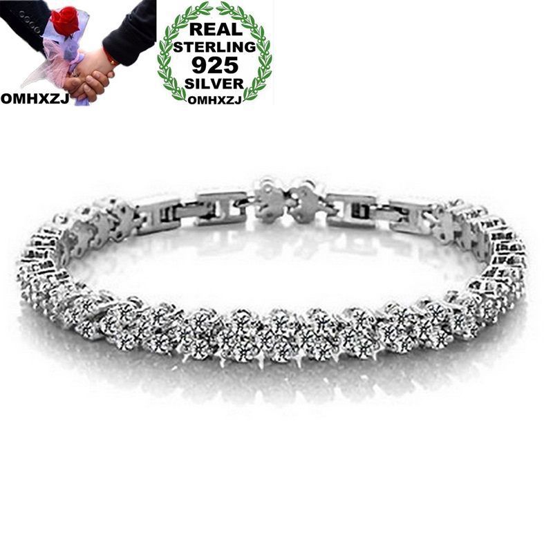 

OMHXZJ Wholesale Personality Fashion Woman Girl Party Wedding Gift White Luxury Zircon Chain 925 Sterling Silver Bracelet BR85