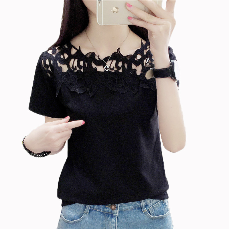 

Summer Fashion Women's T shirt Lace Hollow T-shirt Tops Woman Casual Short Sleeve Tops Black White T shirts Clothing 190416