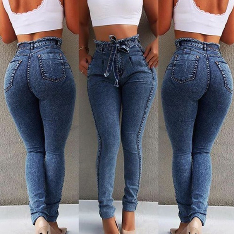 

2020 Autumn Women Plus Size Long Jeans Denim Pencil Pants Plus Size High Waist Elastic Skinny Full Length Ladies Vaqueros Mujer, Blue