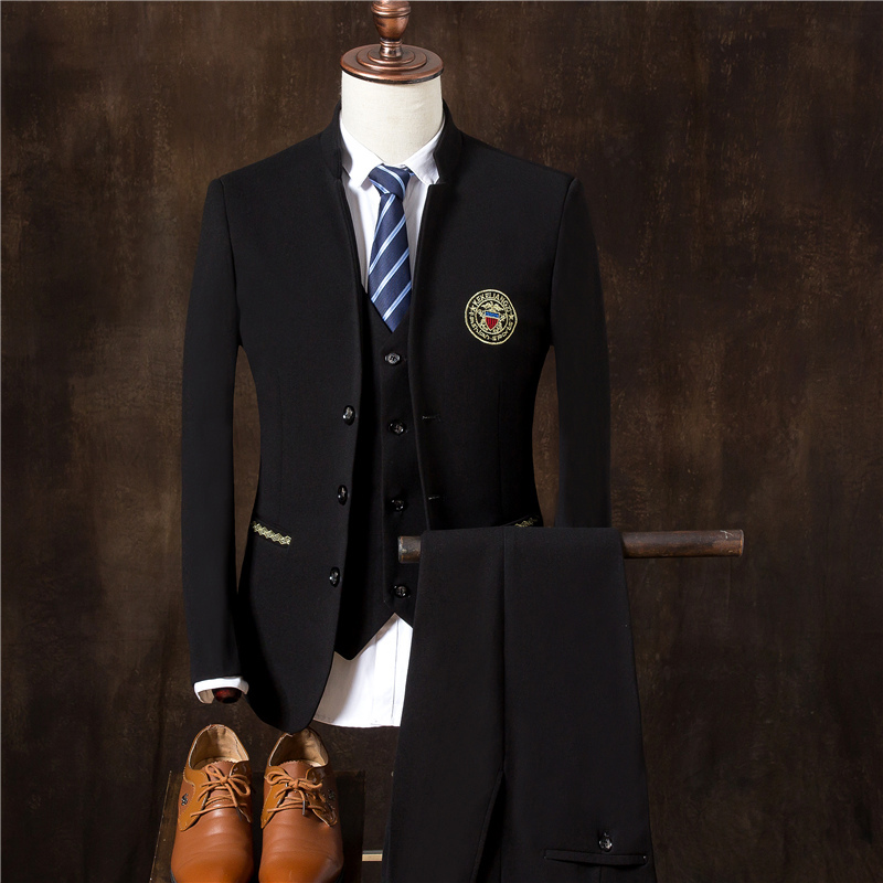 

Spring Fashion Men's Embroidery Casual Solid Color Suits Sets Men, Chinese Style Slim Stand Single-breasted Suits white 3XL, Black