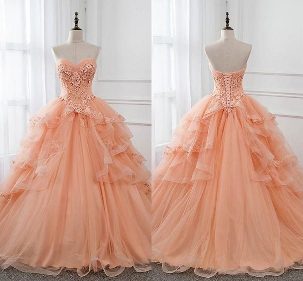 

2020 Light Coral Prom Ball Gown Quinceanera Dresses Ruffle Pleated Applique Beaded Lace Strapless Lace-up robes de soirée Sweet 16 Dress