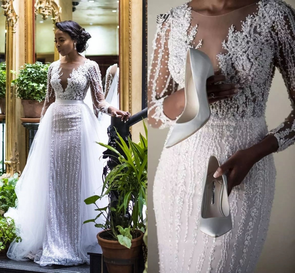 Luxury Pearls African Lace Long Sleeves Mermaid Wedding Dress with Detachable Train 2020 Illusion Tulle Applique Beaded Wedding Bridal Gowns