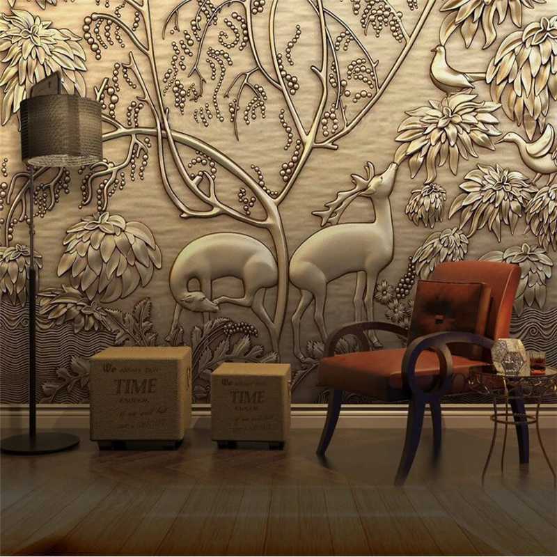 

mural Custom wallpaper 3d murals European golden embossed forest elk bird background wall paper home decor mural 3d wallpaper, As pic