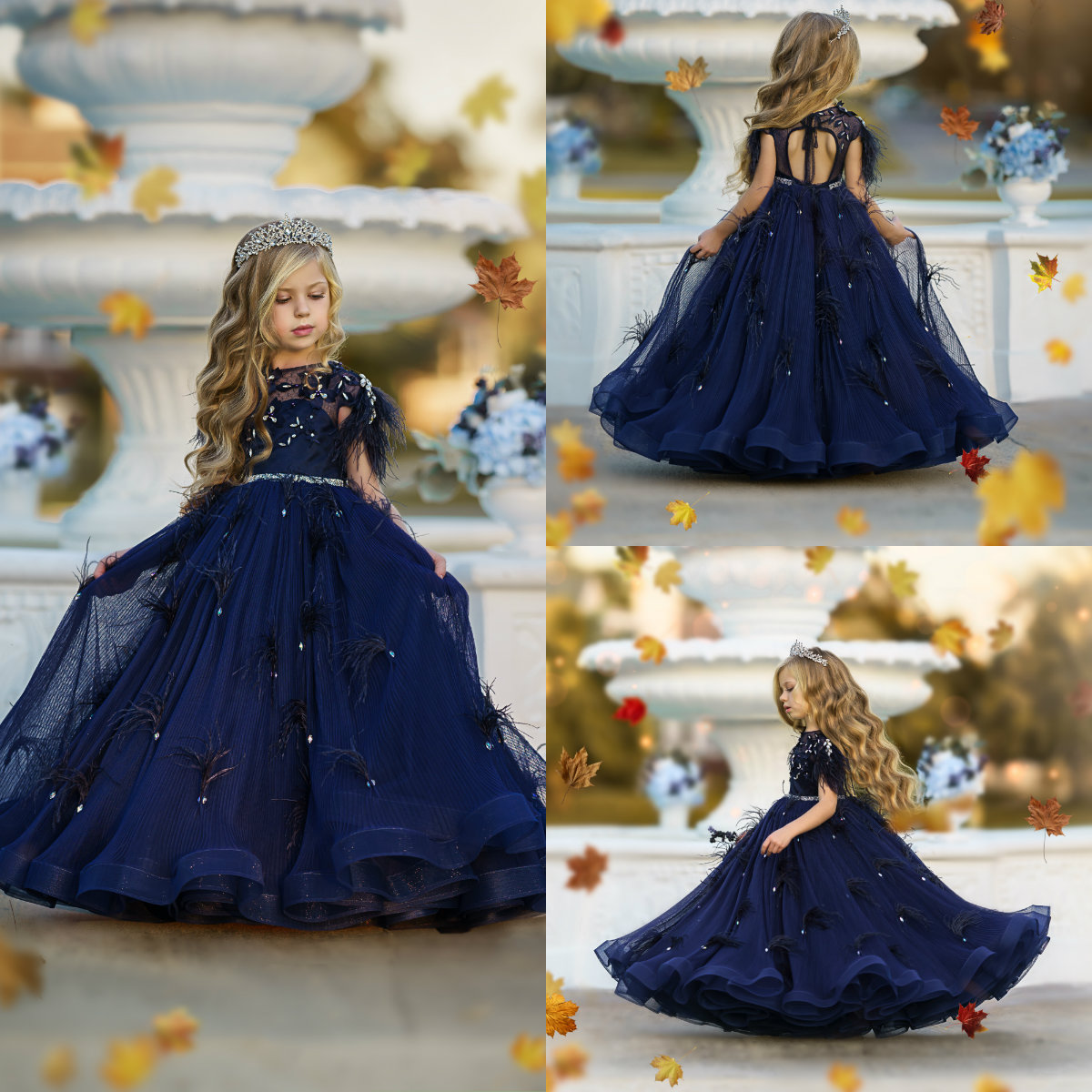 

2020 Navy Feather Flower Girl Dresses For Wedding Lace Crystal Pearls First Communion Dress Tulle Custom Made Girls Pageant Gowns, Same as image