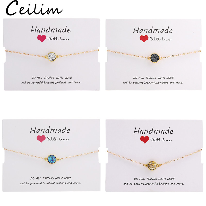 

Handmade Crystal Round Resin Druzy Charm Bracelet Colorful Natural Stone Bracelets Bangles for Women Gold Friendship Jewelry Gift With Card