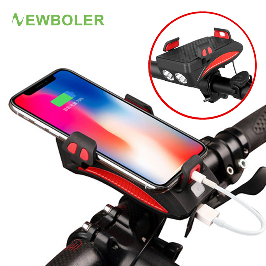 4 in 1 USB Rechargeable LED Bicycle Headlights Bike Horn Handlebar Phone Holder