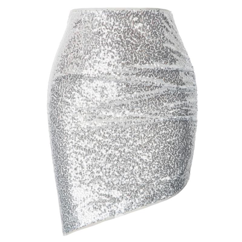 

Kate Kasin Women Asymmetrical Ruched Sequin Mini Skirt For Party Club Sexy Short Mini Irregular Hem Glitter Bodycon Pencil Skirt, Black