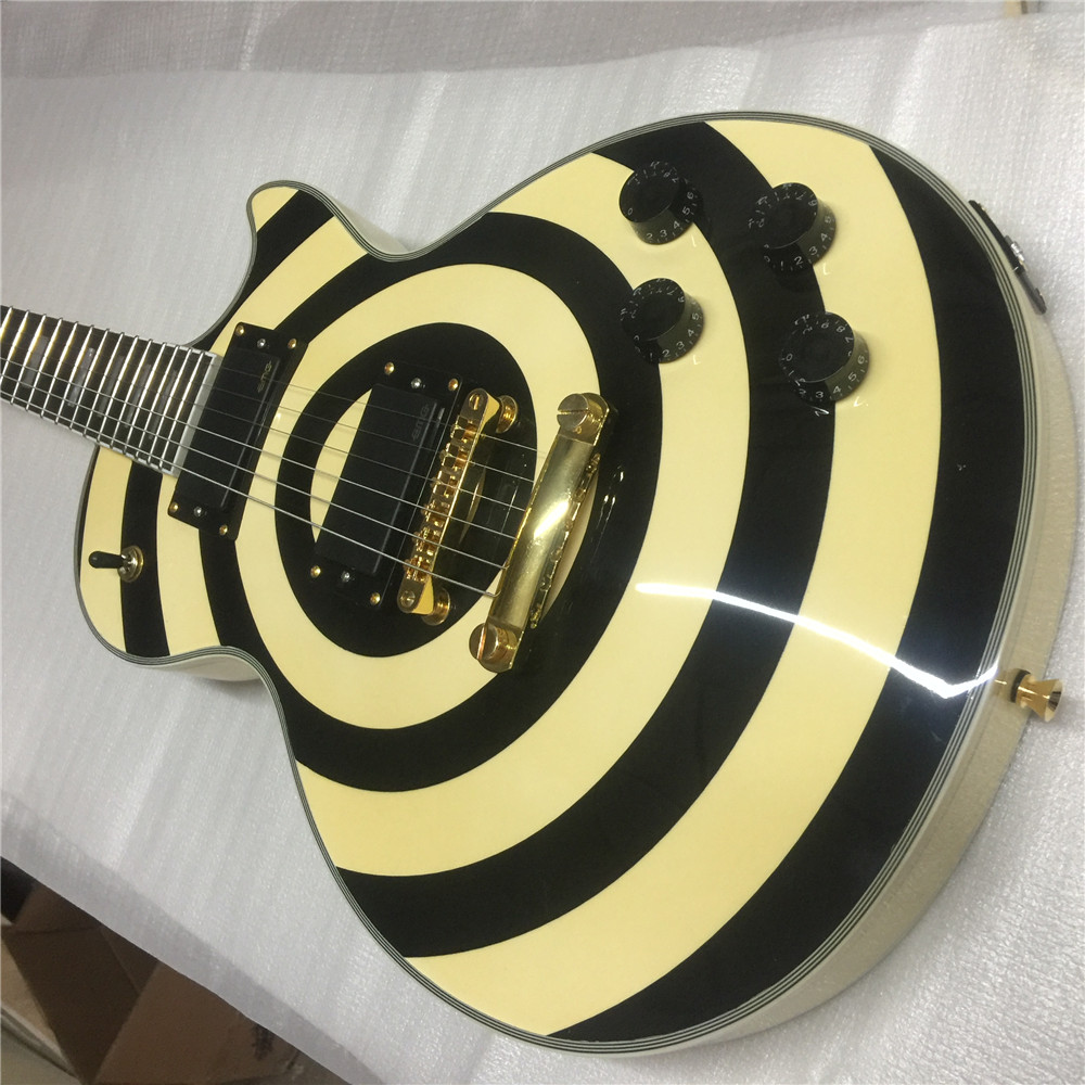 

Free Shipping Custom Shop Zakk Wylde Black Twisted bullseye Yellow Electric Guitar Maple Neck & Fingerboard, White Pearl Block Inlay, Copy E