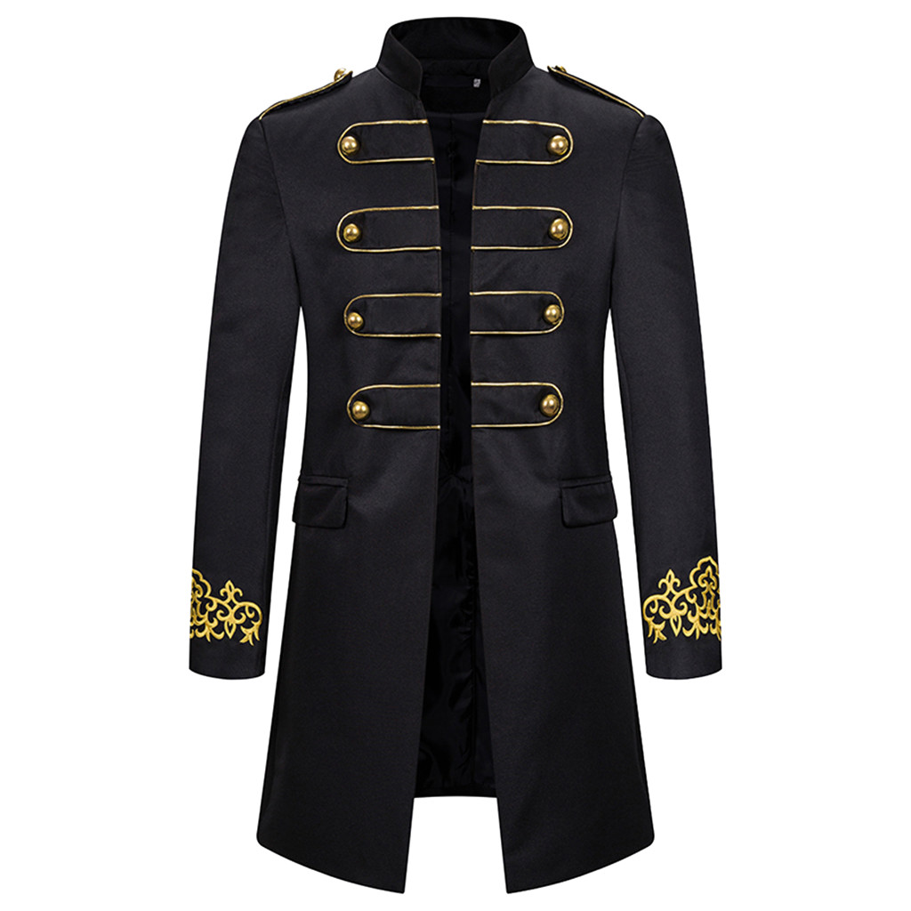 

stand collar vintage long trench coat men Warm Vintage Tailcoat punk style Overcoat Design embroidery d91120, Black