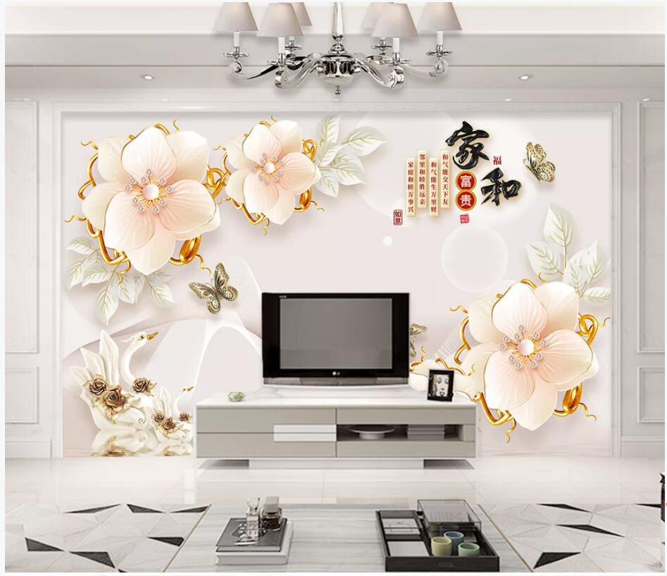 

WDBH 3d wallpaper custom photo mural Chinese embossed jewel flower swan living room Home decor 3d wall murals wallpaper for walls 3 d, Non-woven