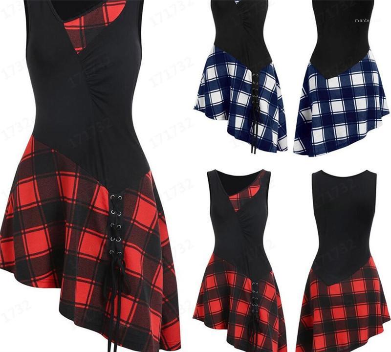lace up plaid asymmetrical dress
