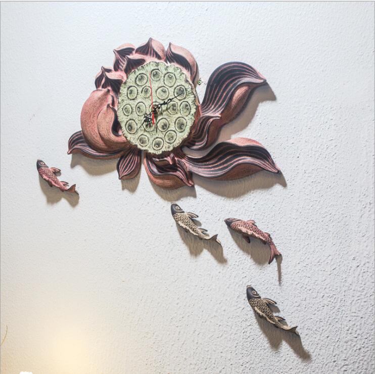Decorative Objects Lotus pendant clock Retro Wall Decorations Creative Art Three-dimensional Hanging Tea-image-480832377