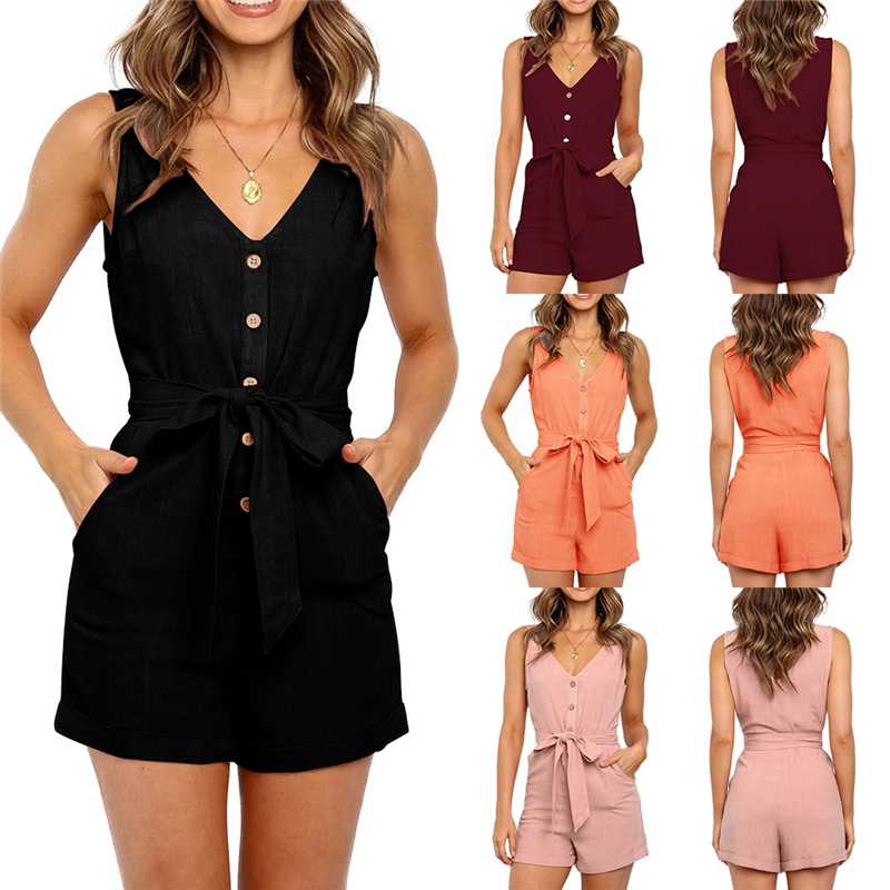 

2020 New Casual Playsuit Women Off Shoulder Belt Tunic Two-Piece Set Solid Summer Elegant Jumpsuit Short Overalls For Ladies, Black