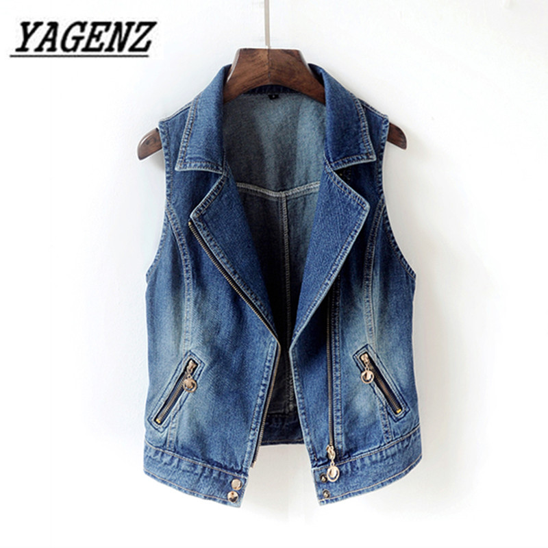 

Fashion 2019 Spring Autumn New Women Suit collar Sleeveless Jeans jacket Cool Outerwear Slim Zipper Short Denim Vest Jacket Tops, Photo color