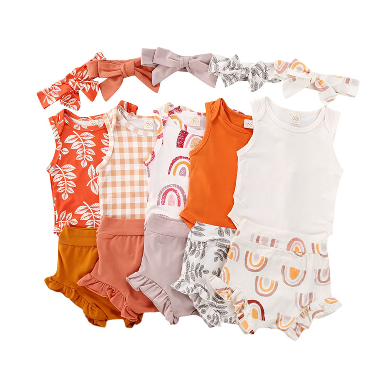 

Baby Summer Clothing Infant Baby Girl Boy Clothes Set 2020 Sleeveless Ruffled Romper Tops High Waist Shorts Headband Outfits