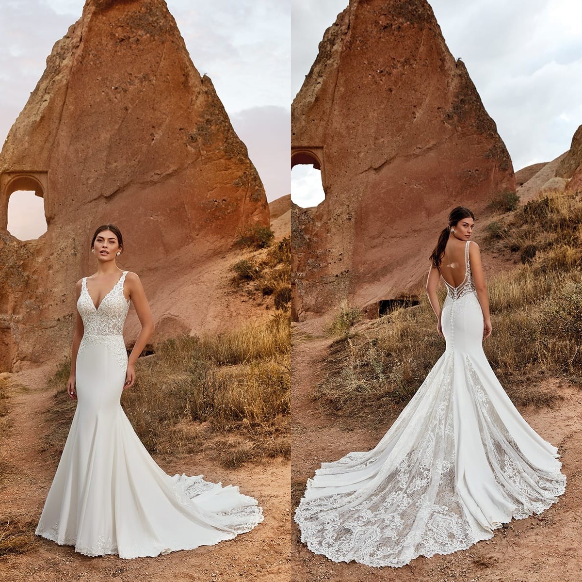 

Eddy K 2021 Wedding Dresses V Neck Sleeveless Open Back Mermaid Bridal Gowns Custom Made Lace Appliques Sweep Train Wedding Dress, Silver