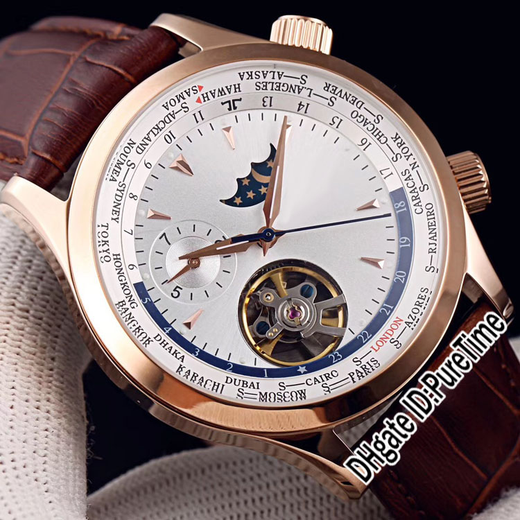 

Master Control World Geographic Q1522420 Rose Gold Silver Dial Moon Phase Tourbillon Automatic Mens Watch Brown Leather Watches Puretime 3b, Y03 (3)