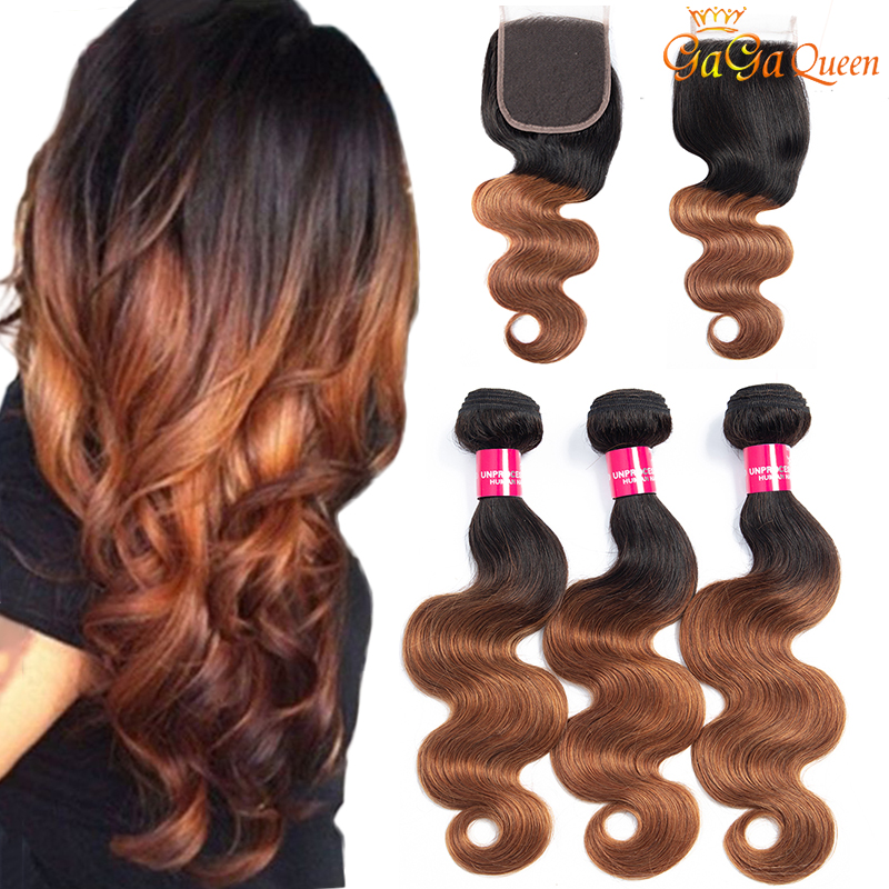 

3 Bundles 1b/30 Brazilian Body Wave Virgin Hair Bundle With Closure Ombre Human Hair 4X4 Lace Closure With Hair Bundles, Malaysian hair