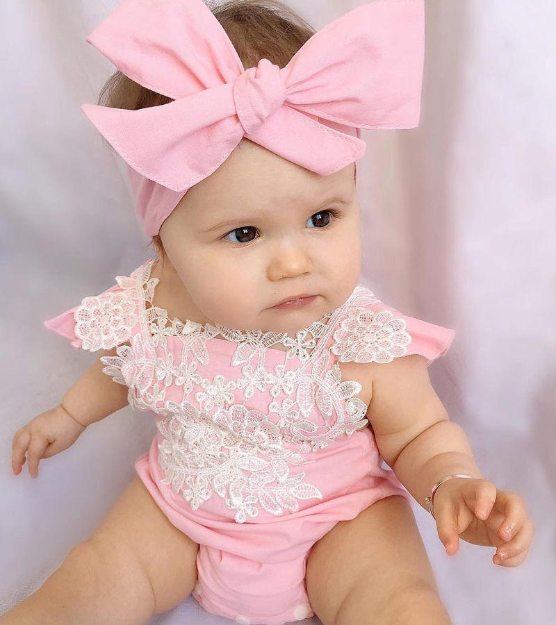 New Summer Fashion Lovely Cute Infant Baby Girls Lace Pink Cotton Short Sleeve Floral Jumpsuit Bodysuit Headband Outfits Set-image-466777558