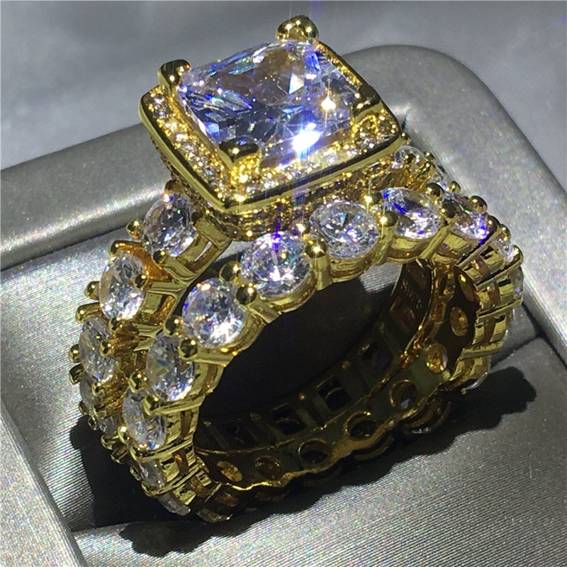 

New Hot Sale Luxury Jewelry 925 Sterling Silver&Rose Gold Fill Princess Cut White Topaz CZ Diamond Gemstones Party Women Wedding Bridal Ring