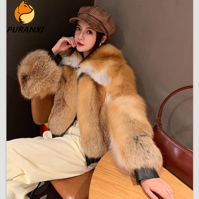 

new fashion 100% natural real red fur coat for women genuine fur jacket female short thick warm silm luxury 50cm winter, Red ecru