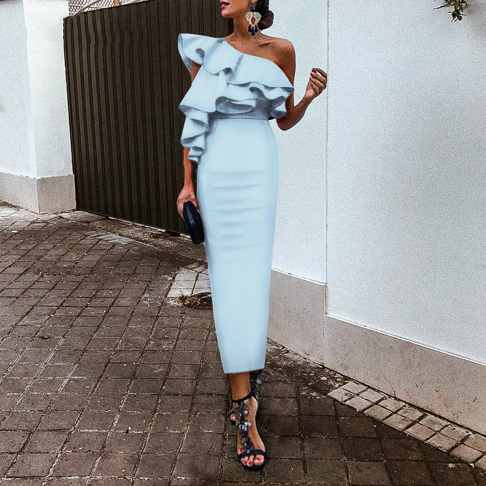 Vintage Tea Length White Satin Short Sheath Evening Dresses One Shoulder Ruffles Elegant Sky Blue Red Party Formal Dress-image-515074327
