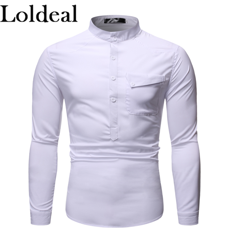 

Loldeal Men Daily Slim Shirt - Solid Colored Standing Collar Black / Long Sleeve