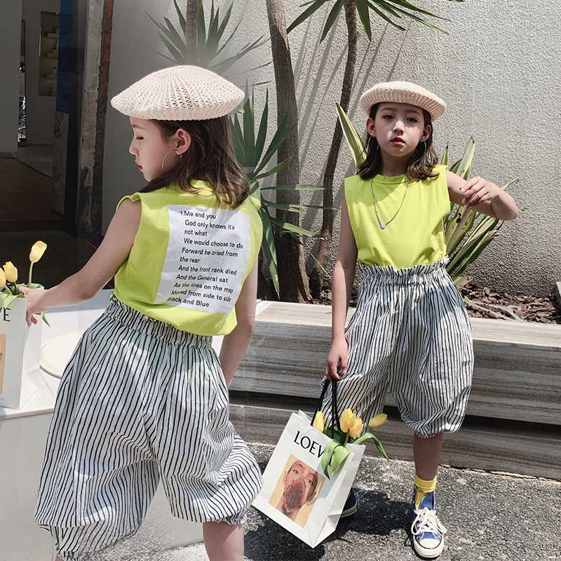 

Trend Baby Girls Clothes Summer Sleeveless T-shirt Striped bloomers Hip hop Tees Shorts Pants 4 5 6 7 8 9 10 11 12 13 Years Sets, Green
