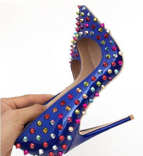 

Classic Rivets, Ladies' Pumps, Luxurious Blue Dots ,Toes, High Heels, Spikes, High Heels, Sexy Women Red Bottom Spiked Studded Dress Shoe, Black