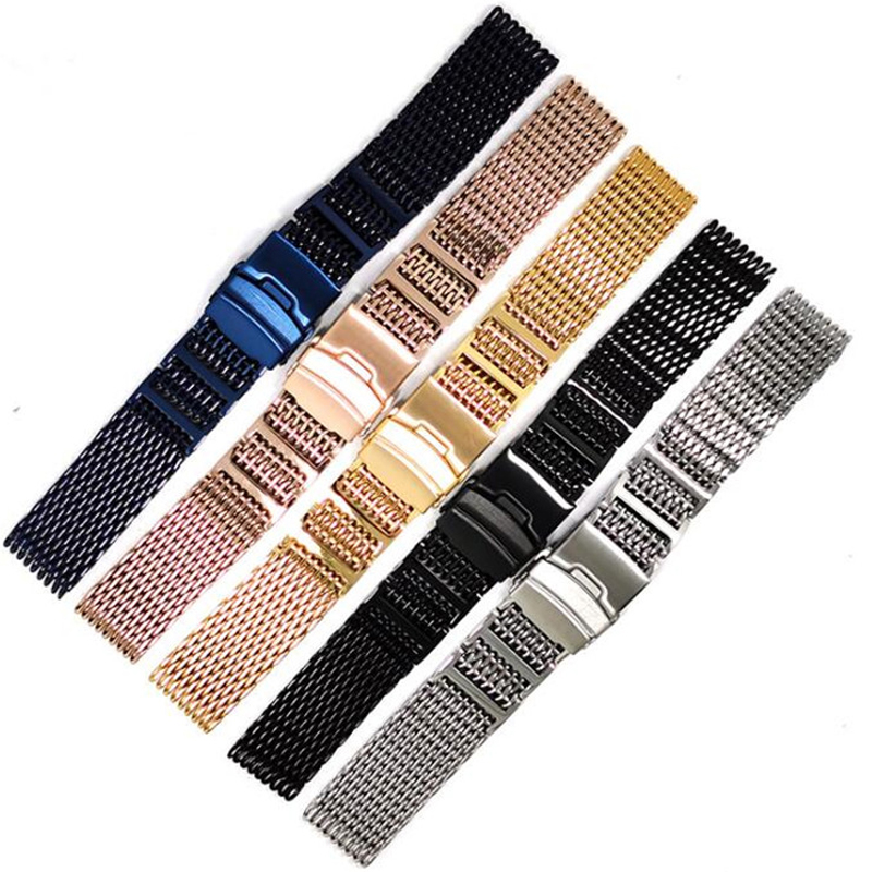 

Luxury 20/22/24mm Rose Gold/Yellow Gold/Blue Shark Mesh Stainless Steel Watch Band Solid Link Wrist Watch Strap Straight End