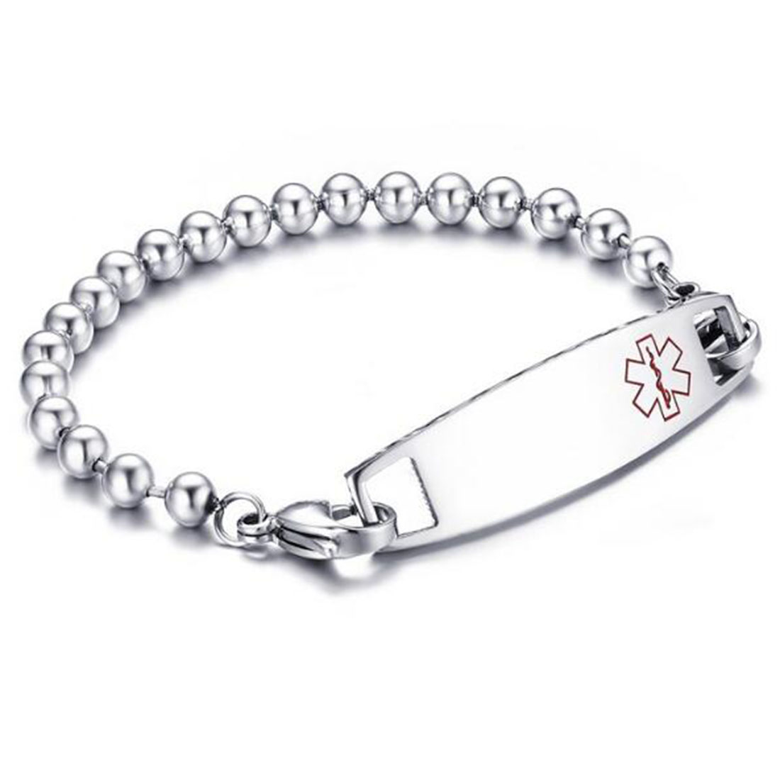 

High Polished Mens Stainless Steel Beaded Identification Medical Alert Wrist Bracelet, Black