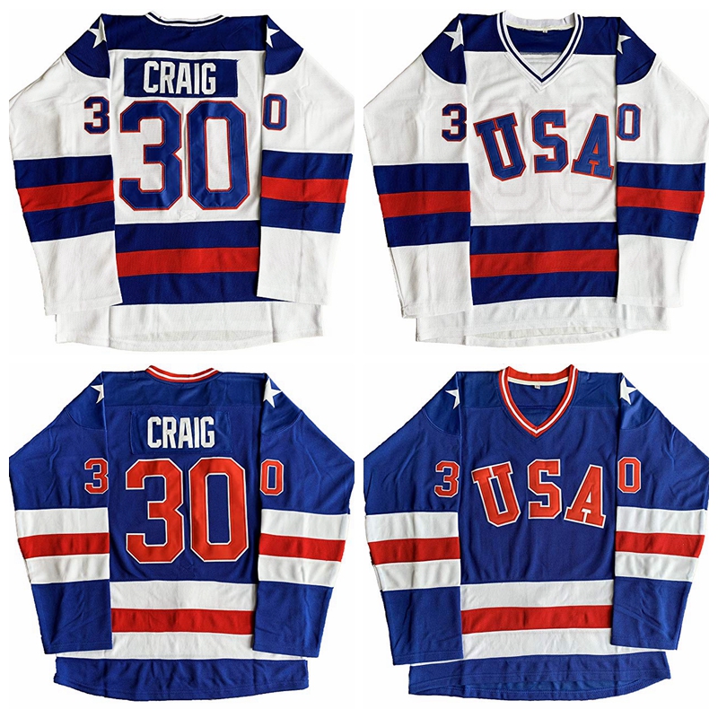 

Jim Craig 30 Miracle On Ice Team USA Movie Men Hockey Jersey Blue White Stitched S-3XL Top Quality