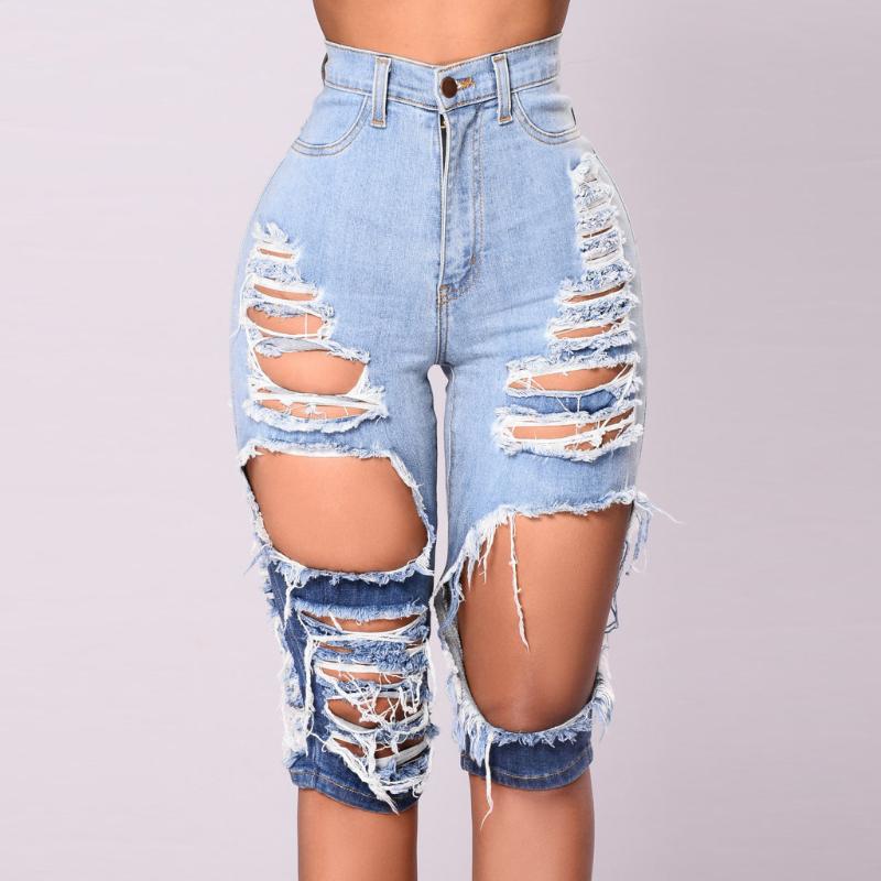 

Denim Shorts High Wasit Stretch Sport Fitness Broken Worn Edges Ripped Casual Sexy Jeans Leg Denim Shorts Women Short Femme #3, Blue