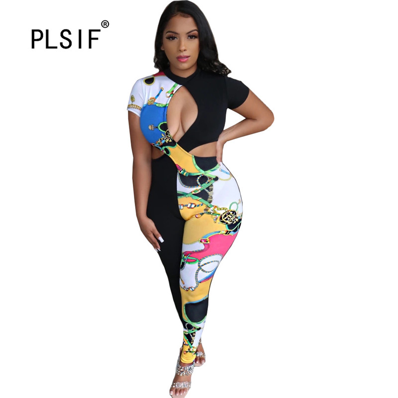 

New design vintage print spliced women jumpsuits club sexy hollow out design catsuits full length sexy tight overall, Black