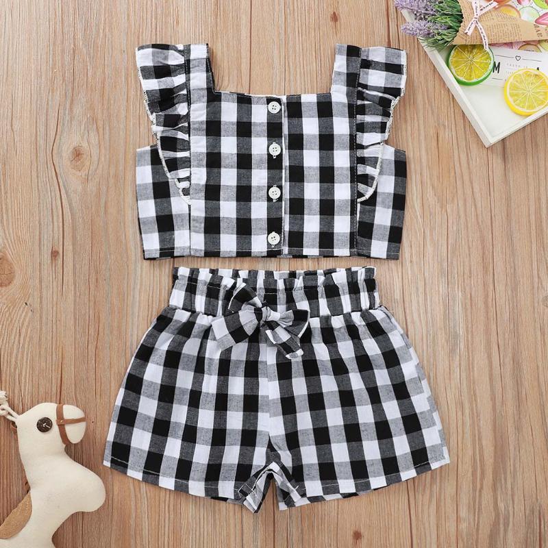 

2020 Summer Toddler Baby Girl Clothes Sets 0-4Y Ruffle Plaid Button Crop Tops Bow Shorts Set Outfits 2pcs Casual Kids Clothing, As pic
