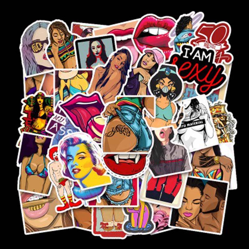 

50pcs No Repeat Sexy and Vulgar Punk DIY Car Stickers Random Comic Cool Sticker Skateboard Snowboard Laptop Luggage Motorcycle Guitar Decals, Mixed