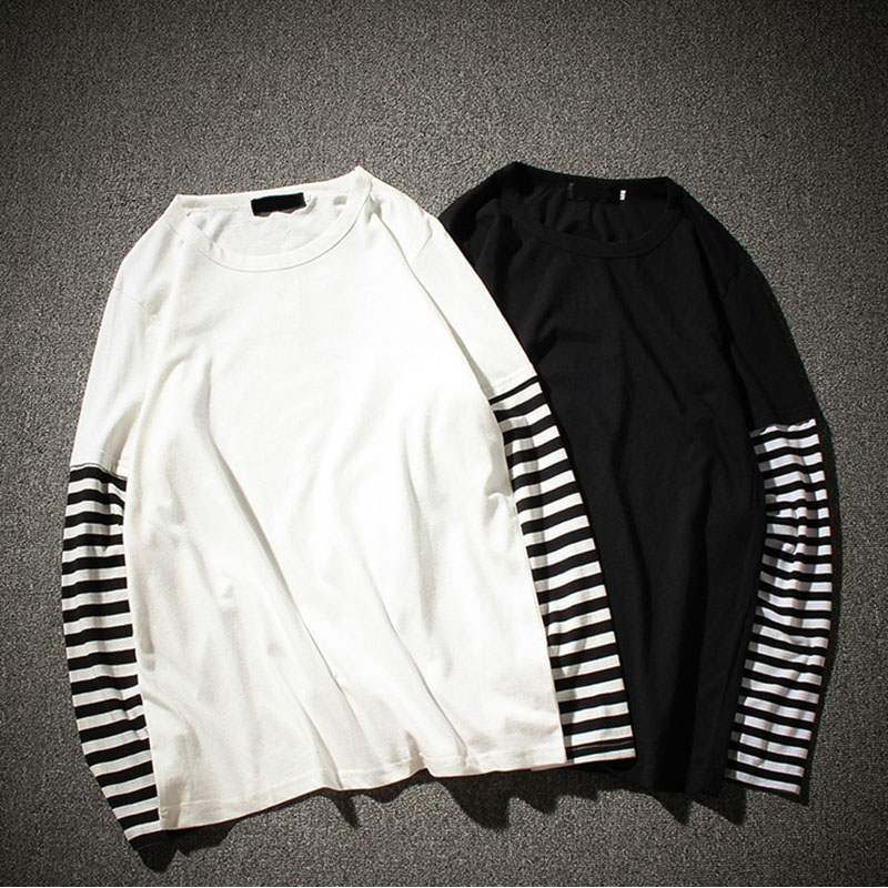 

Hip Hop Long Sleeve T-shirts Men O-neck Striped Patchwork T Shirt Men Fashion Casual Comfortable T Shirts Spring Autumn, Black