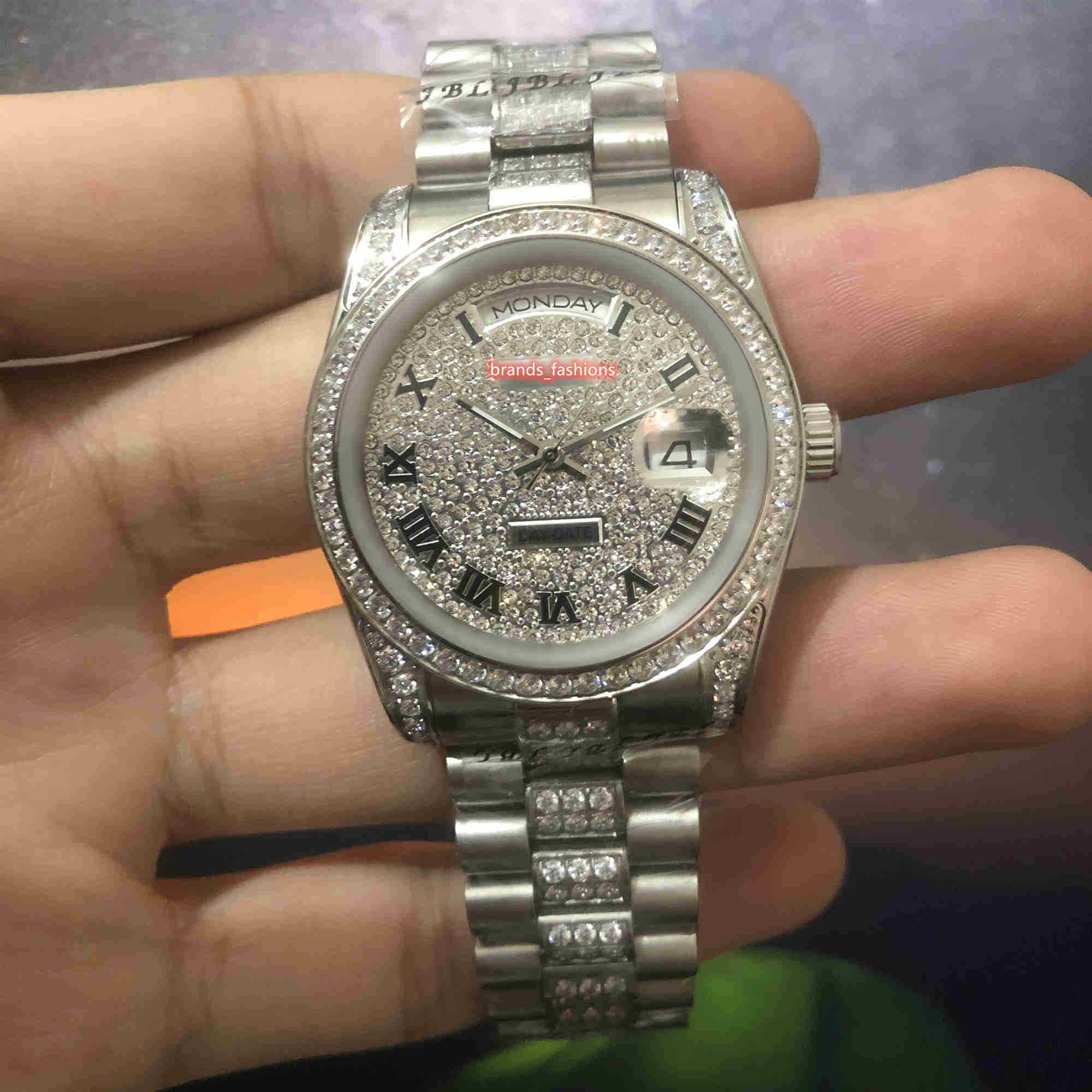 

Popular Men's Ice Diamond Watches Diamond Face Watch Silver Stainless Steel Case Diamond Bezel Watch Automatic Mechanical Wristwatch