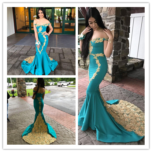 Gorgeous Mermaid Prom Dresses With Gold Lace Appliques Beads Sequins Off The Shoulder Evening Dress Sweep Train robes de soiree Party Gowns