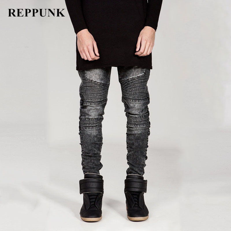 

Streetwear Men Slim fit Pleated patchwork biker jeans pants Fashion Hip hop man Cotton motorcycle casual denim Trousers, Black