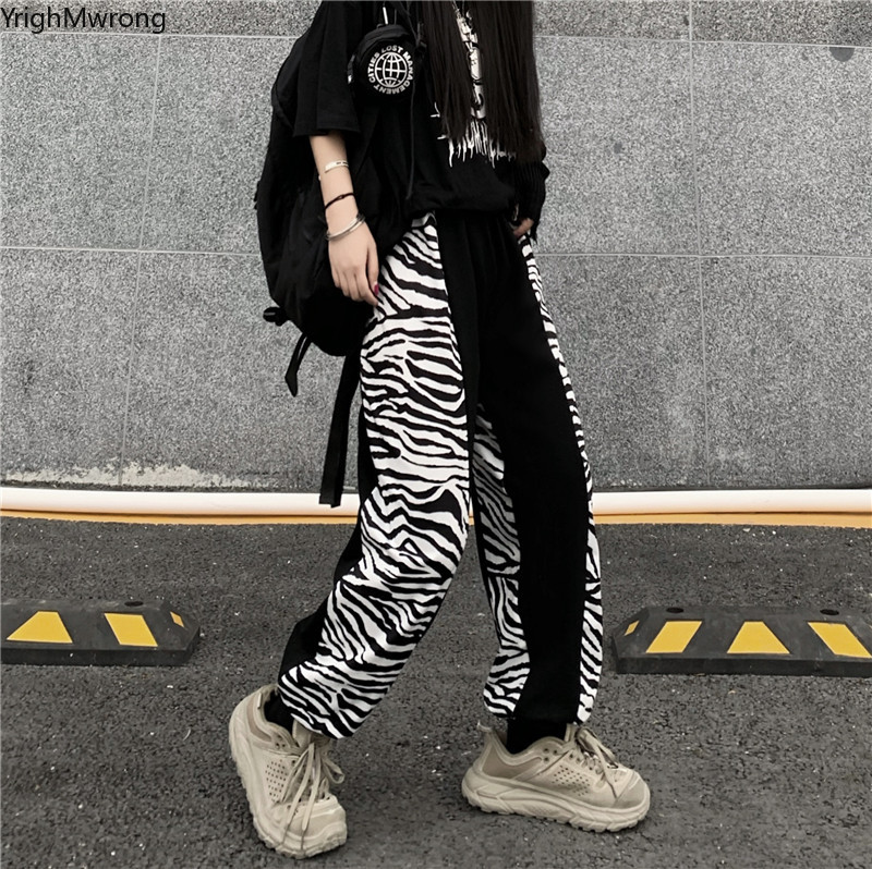 

Korean High Streetwear Harajuku Contrast Zebra Patchwork Striped Black Jogger Workout Track Pant Woman Man Summer Trouser Punk, As photo