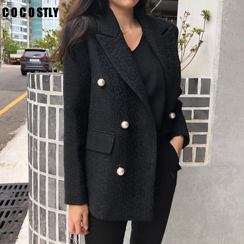 

Blazer Women 2019 Double Breasted Spring Coat Woman Blazers Feminino Casual Work Suit Long Sleeve Jacket Mujer Chic Cotton, Black