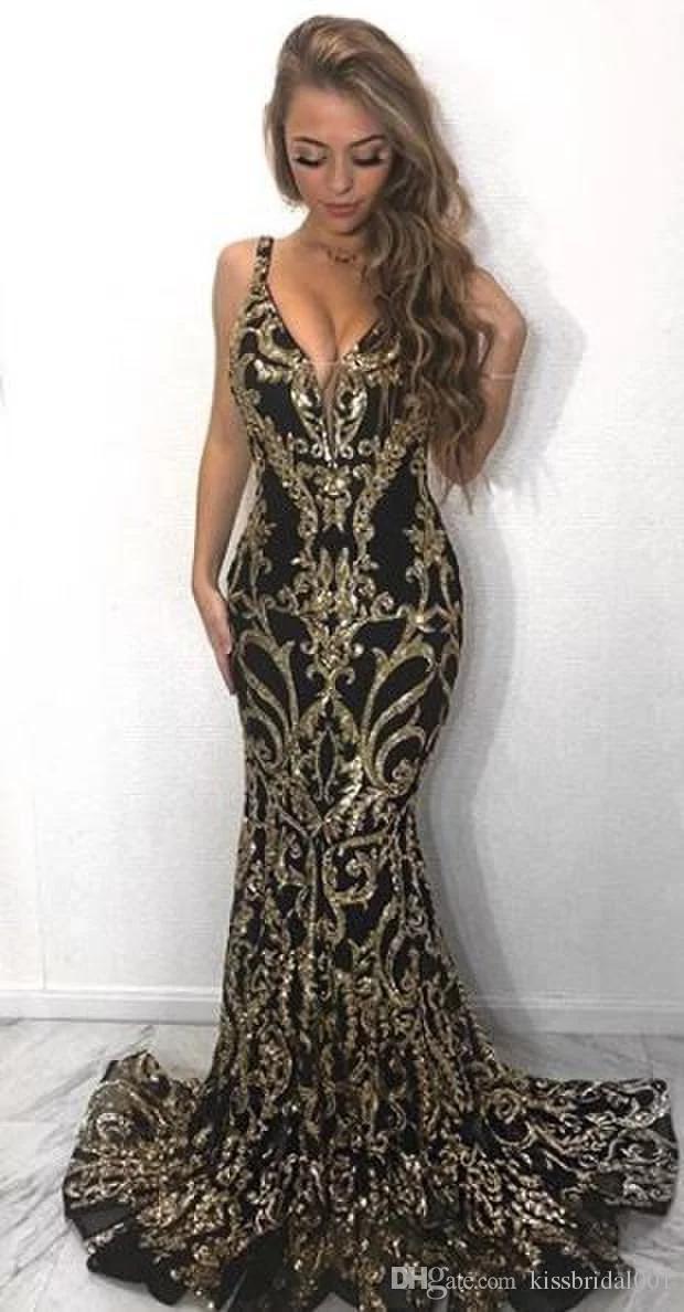 Compra Vestidos De Fiesta De Sirena Negros Y Dorados Escote En V Largo  Apliques Brillantes Vestidos De Noche Formales Vestido De Fiesta Tipo  Cóctel Vestido De Gala Barato | Entrega Rápida Y