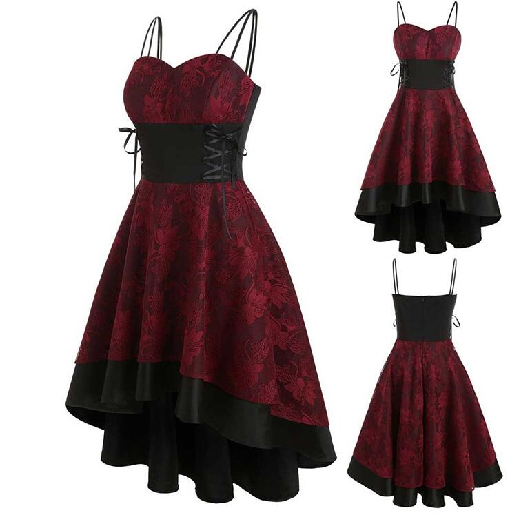 

Sexy New Womens Hi-Lo Party Night Princess Lace Hollow Out Christmas Body Shaper Dresses Club Spaghetti Strap Gift Size S-2XL, Red